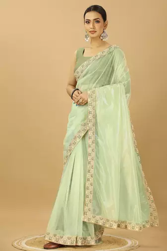 light green Twill Net Saree With Embroidery Less and Blouse