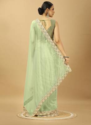 light green Twill Net Saree With Embroidery Less and Blouse 3