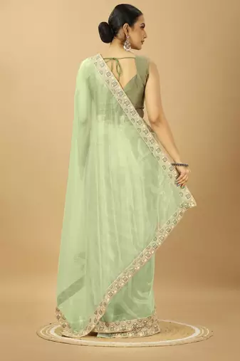 light green Twill Net Saree With Embroidery Less and Blouse