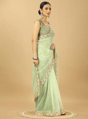 light green Twill Net Saree With Embroidery Less and Blouse 4