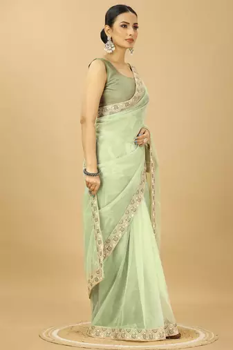 light green Twill Net Saree With Embroidery Less and Blouse