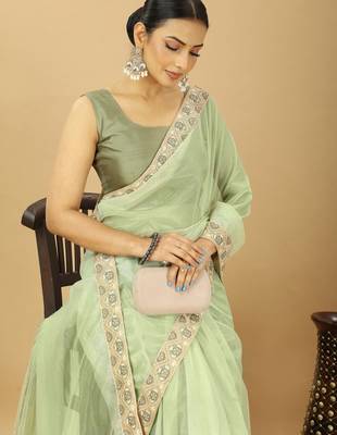 light green Twill Net Saree With Embroidery Less and Blouse 5