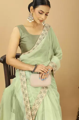 light green Twill Net Saree With Embroidery Less and Blouse