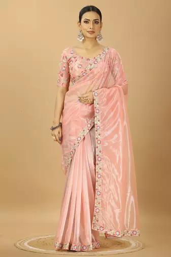 peach twill net saree with embroidery less and blouse