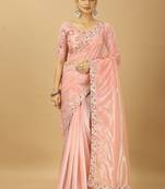 peach twill net saree with embroidery less and blouse