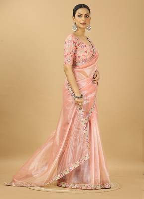 peach twill net saree with embroidery less and blouse 2
