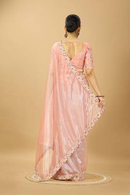peach twill net saree with embroidery less and blouse 3