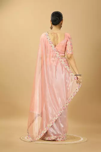 peach twill net saree with embroidery less and blouse