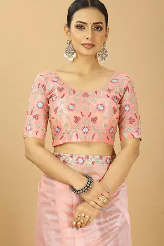 peach twill net saree with embroidery less and blouse
