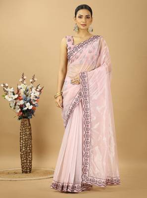 Purple twill net saree with embroidery less and blouse 1