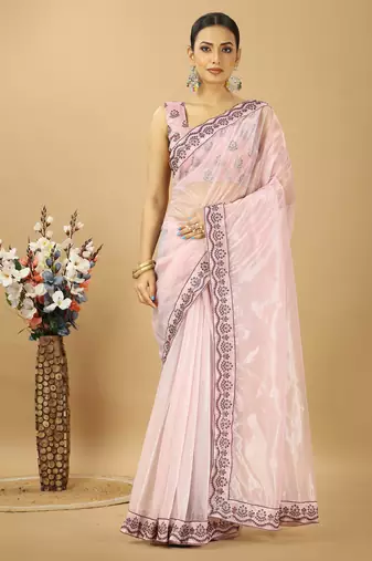 Purple twill net saree with embroidery less and blouse