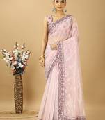 Purple twill net saree with embroidery less and blouse
