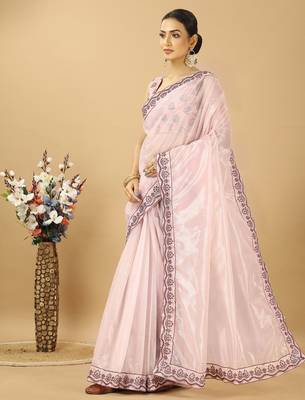 Purple twill net saree with embroidery less and blouse 2