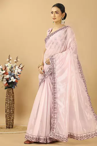 Purple twill net saree with embroidery less and blouse
