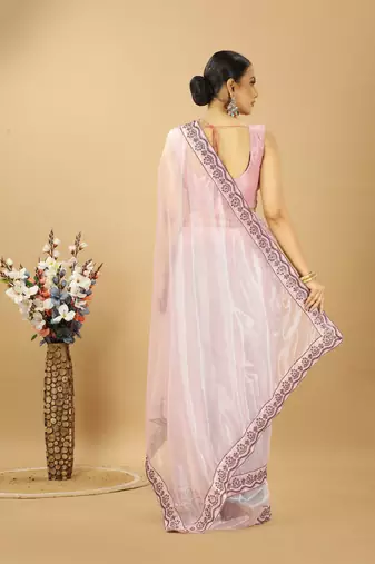 Purple twill net saree with embroidery less and blouse