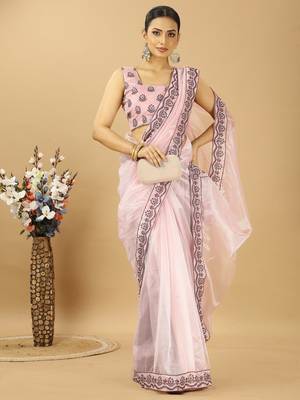 Purple twill net saree with embroidery less and blouse 4