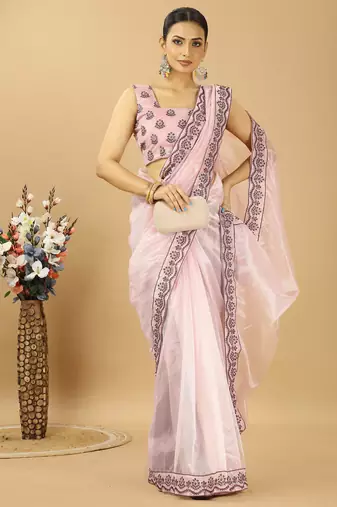 Purple twill net saree with embroidery less and blouse