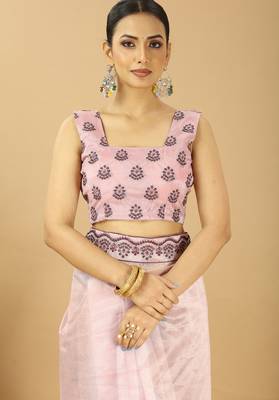 Purple twill net saree with embroidery less and blouse 6