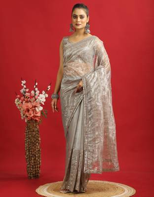ready made copper twill net sequin saree 1