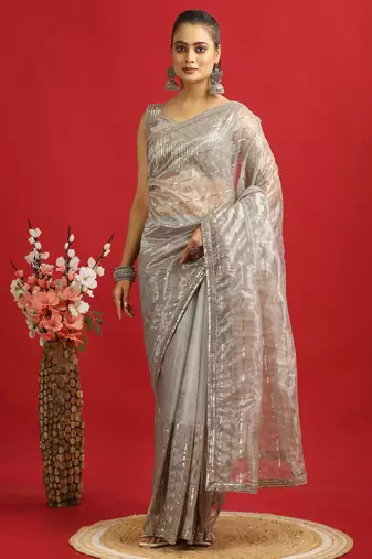 copper Ready to Wear Twill Net sequin Saree with Unstitched Blouse 