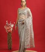 ready to wear copper twill net sequin saree with unstitched blouse