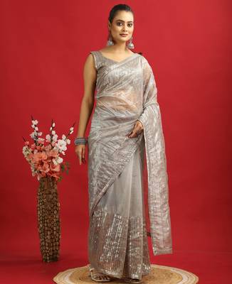 ready made copper twill net sequin saree 2
