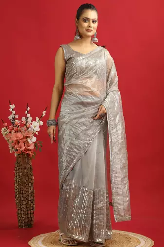 ready made copper twill net sequin saree