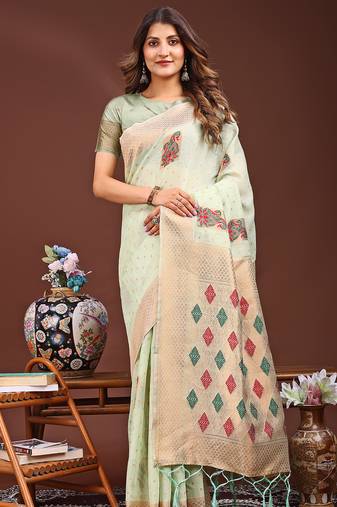 light green jaquard saree with tassels