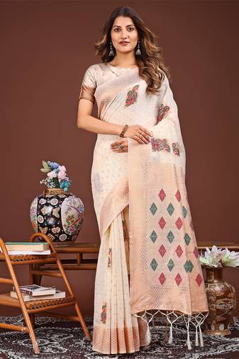 White jaquard saree with tassels 
