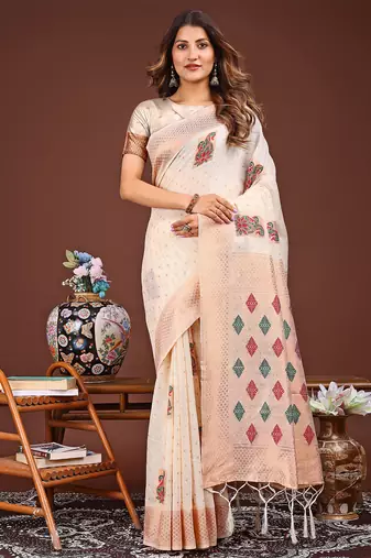White jaquard saree with tassels 