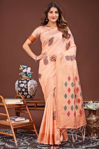 Orange jaquard saree with tassels 