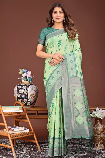 light green linen cotton patola saree 