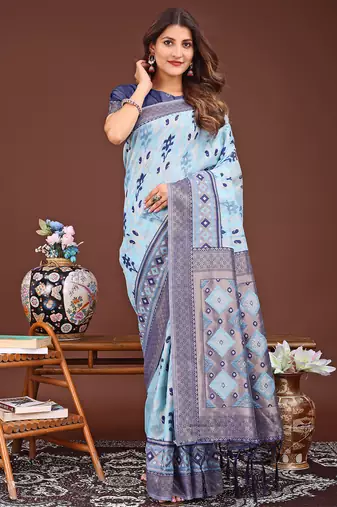 sky blue linen cotton patola saree 
