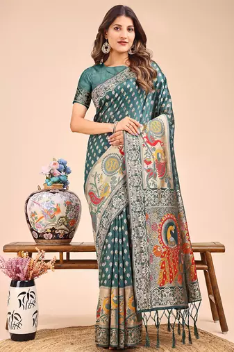 green linen cotton saree with royal peacock pallu 