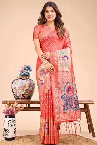 peach linen cotton saree with royal peacock pallu 