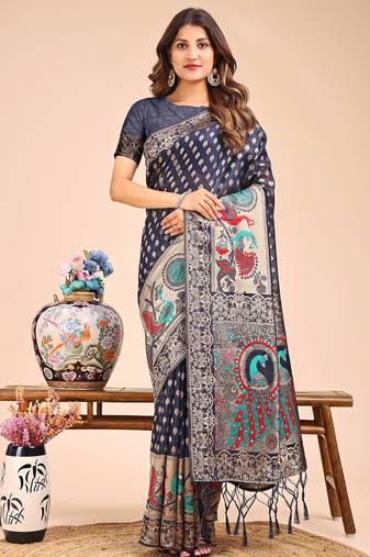 navy blue linen cotton saree with royal peacock pallu 