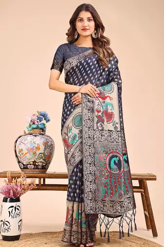 navy blue linen cotton saree with royal peacock pallu 