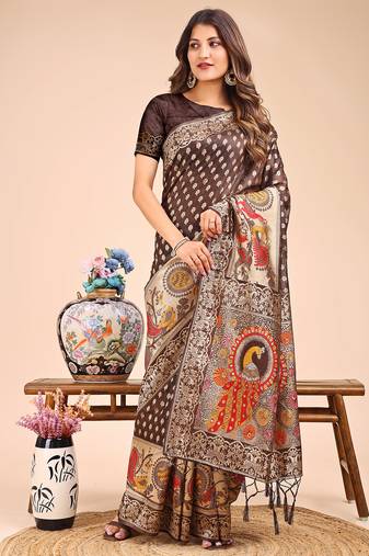 brown linen cotton saree with royal peacock pallu 