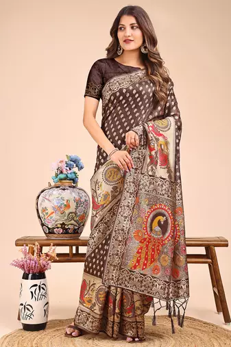 brown linen cotton saree with royal peacock pallu 