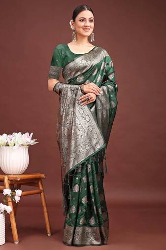 Dark green banarasi silk saree with zari weaving     a timeless tale of elegance
