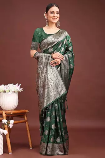 Dark green banarasi silk saree with zari weaving     a timeless tale of elegance