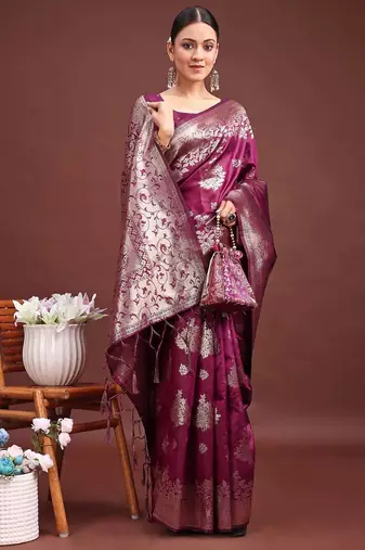 Emerald purple banarasi silk saree with zari floral work     elegance woven in every thread