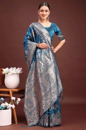 Emerald teal green banarasi silk saree with zari floral work     elegance woven in every thread
