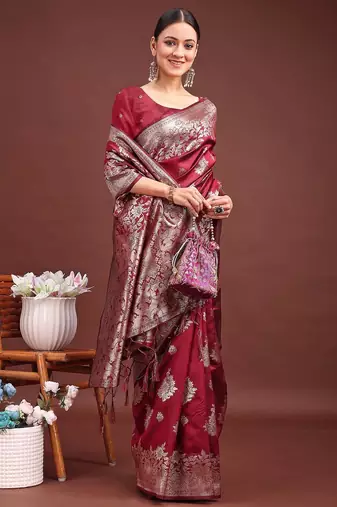 Emerald maroon banarasi silk saree with zari floral work     elegance woven in every thread