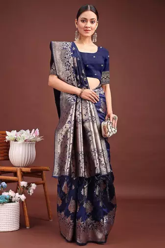 Emerald navy blue banarasi silk saree with zari floral work     elegance woven in every thread