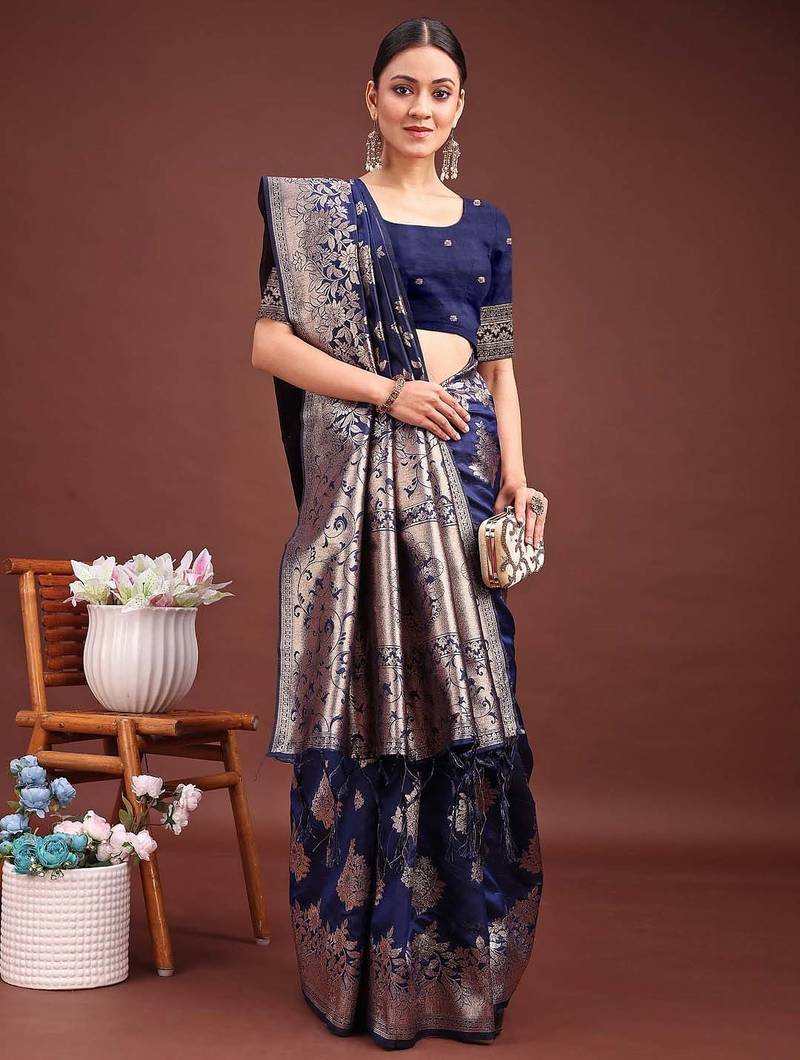 Emerald navy blue banarasi silk saree with zari floral work – elegance woven in every thread