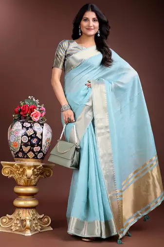 Sky blue gold cotton ready-to-wear saree 