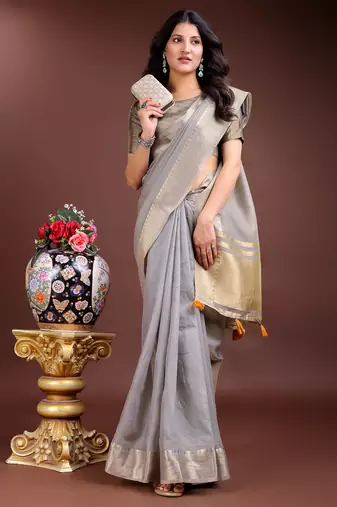 Grey gold cotton ready-to-wear saree 