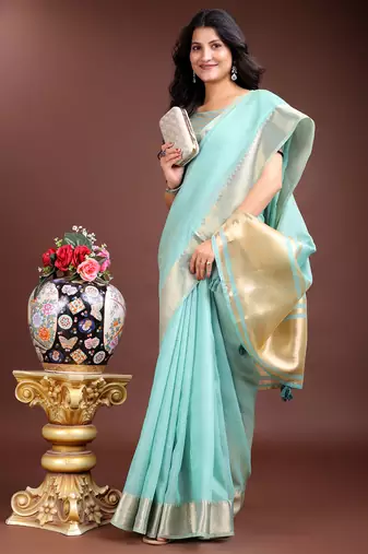 Sea green gold cotton ready-to-wear saree 