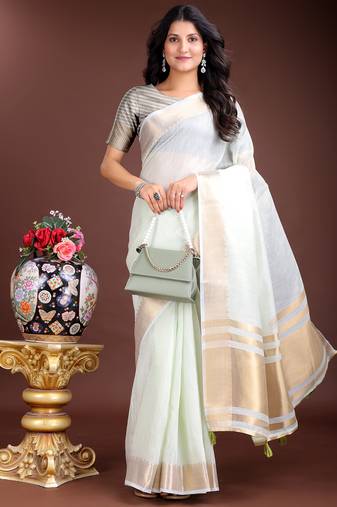 Light green gold cotton ready-to-wear saree 